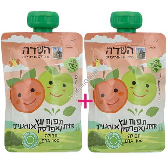 זוג במחיר מיוחד! מחית תפוח עץ ואפרסק אורגניים 200 גרם (100+100 גרם) - השדה