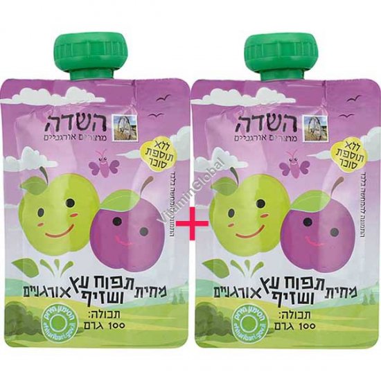 אריזת חיסכון! מחית תפוח עץ ושזיף אורגניים 200 גרם (100+100 גרם) - השדה